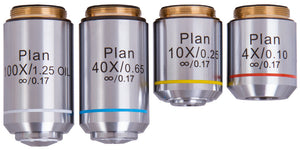 Levenhuk 1000 Plan Achromatic Objectives Set, 4x, 10x, 40xs, 100xs (oil)